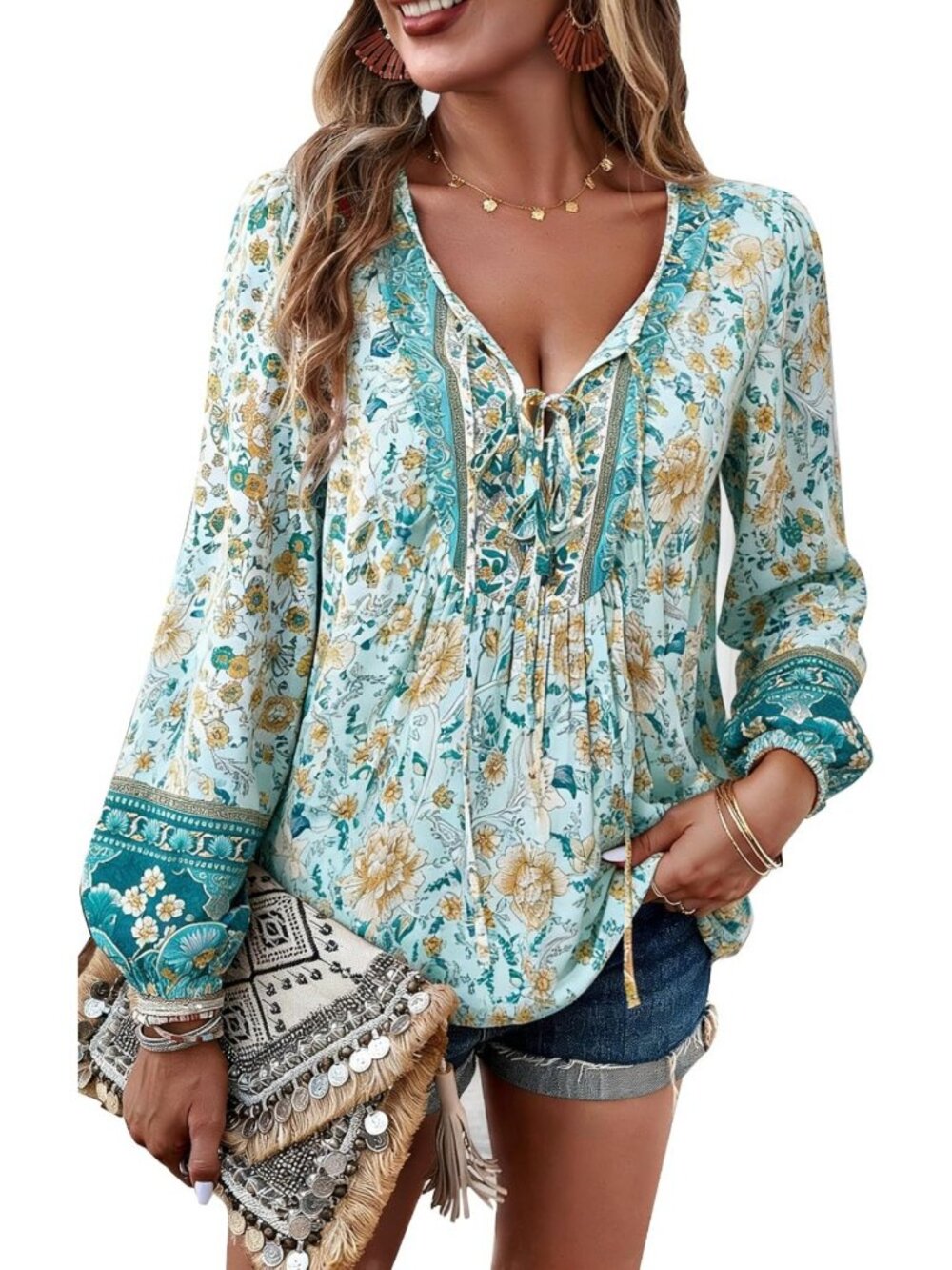 Boho Floral V-Neck Long Sleeve Summer Tops for Women - Chic Peasant Blouses